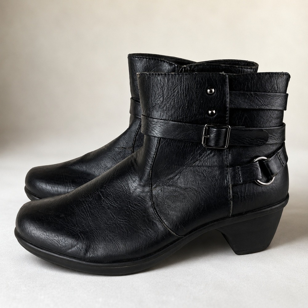 Easy Street Ankle Boots Womens 8.5 WW Black Moto Buckle Strap Block Heel Bootie